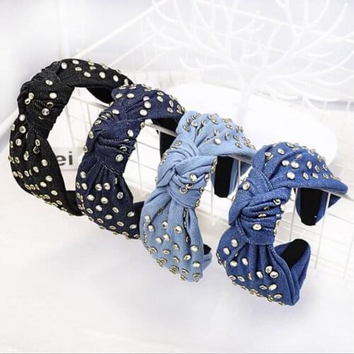 New Fashion Women Headband Shining Rhinestone Hairband Blue Denim Cloth Headwear Hair Accessories Wholesale