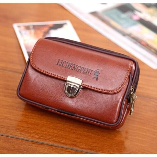 New Men Fanny Pack For Mobile Phone Male Brown Black Lock Zipper Coin Purse PU Leather Good Quality Bag Casual Waist Packs Bags