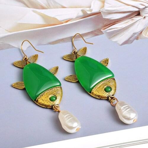 New Brand Animal Pendant Earrings Trendy Green Color Simulated Pearl Fish Drop Earrings Summer Beach Jewelry Brincos