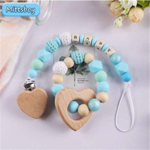 2pcs Personalised Name Silicone Baby Pacifier Clip Chain Nipple Wooden Pacifiers Chain with Name Holder Baby Newborn Shower Gift