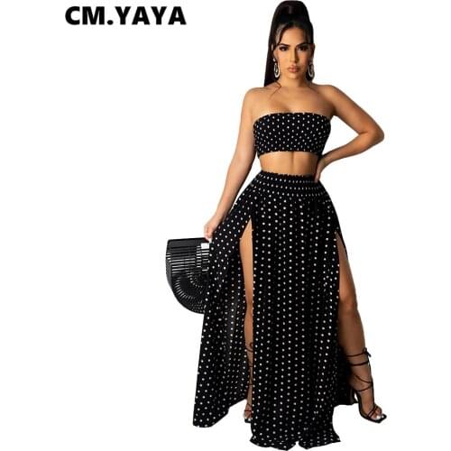 CM.YAYA Women Set Dot Pirnt Sleeveless Strapless Crop Tops Splited Long Skirts Two 2 Piece Sets Sexy Fashion Outfits Summer 2021