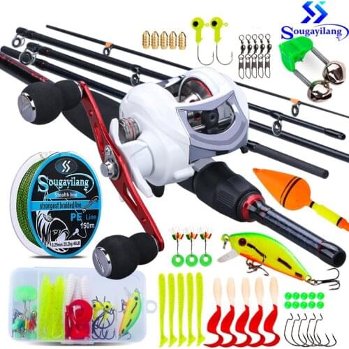 Sougayilang Carbon Fiber Fishing Rod and 18+1BB Baitcasting Fishing Reel Set with Fishing Line Lure Hook Fishing Tackle Full Kit