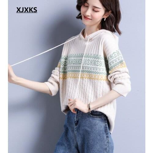 XJXKS High-end wool knitted sweater women pullover 2021 spring autumn new loose plus size women hooded sweater