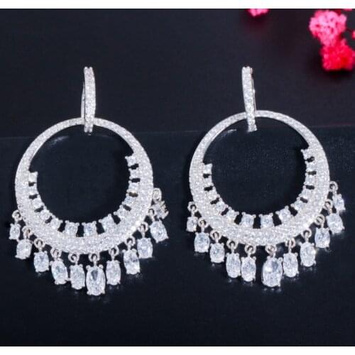 Zlxgirl jewelry 50mm size Green withe crystal zircon Dangle bridal ear Tassel Earrings Fashion Rhodium silver Wedding Earrin