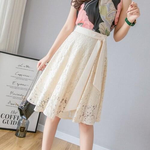 2019 Fashion Black Apricot Lace Skirt Summer Women High Waist Elegant Bow Skirt Plus Size Harajuku Casual ALine Midi Party Skirt