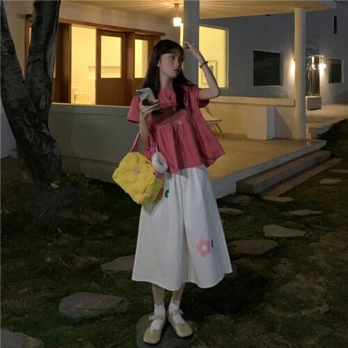 All-match Solid Color Stand-up Collar Shirt Women Fluffy Trumpet Sleeves Short Sleeves Elastic Tie Waist Slimming Leisure