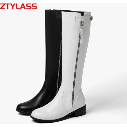 Black White Fashion Zipper Knee High Boots Comfortable Low Heel Women Boots Autumn Winter Woman Long Boots Big Size 33-46
