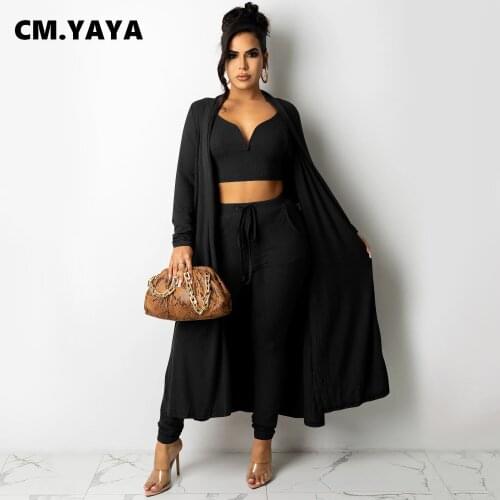 CM.YAYA Women Set Full Sleeve Long Coats V-neck Crop Tanks Tops Skinny Pencil Pants 3 Piece Sets Fashion Outfit Fall Tracksuits