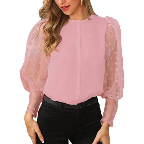 Elegant Women Autumn O Neck Long Stitching Polka Dot Puff Sleeve Shirt 2020 New Fashtion Clothesing women