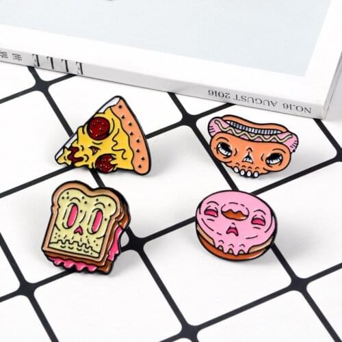 2019 Cartoon Food Enamel pin Pizza Hot Dog Sandwich Toast Donut brooch Bag Clothes Badge Jewelry Gift for Kids Friends trinket