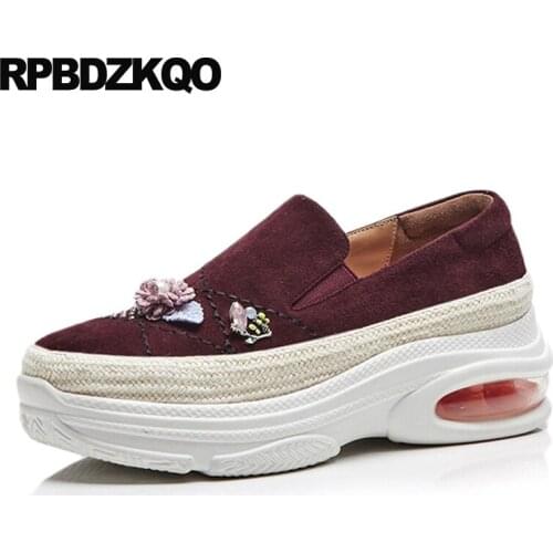 Espadrilles Hemp Crystal Pearl Floral Handmade Wedge Women Creepers Platform Shoes Fisherman Diamond Flower Rhinestone Red Wine