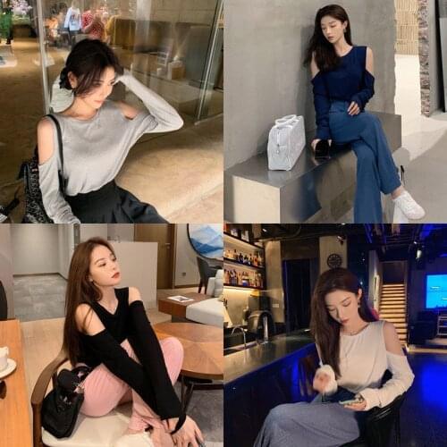 T-shirt New Sexy Off Shoulder Long Sleeve Tshirt Autumn Thin Loose Solid Color Top Fashion Women Clothing T Shirt Woman Tshirts