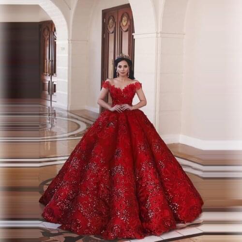 Middle East Red Bride Dresses Floral Appliques Beadings Off The Shoulder Sweetheart Ball Gown Long Bridal Pageant Gowns