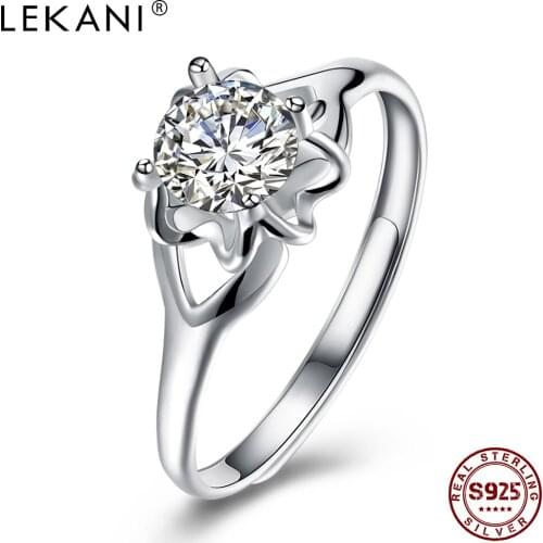 LEKANI Sterling 925 Silver Opening Adjustable Flower Shape Rings Women Romantic Cubic Zircon Engagement Ring Fine Jewelry New