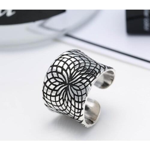 Miqiao Vintage Personality Wide Open Adjustable Silver Rings for Men Women Couple Family Friend Fashion Design Gift Jewelry