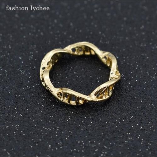 Fashion lychee Size 7 Gold Color Metal DNA Helix Shape Rings Unique Design Finger Ring Women Fashion Jewelry Gift