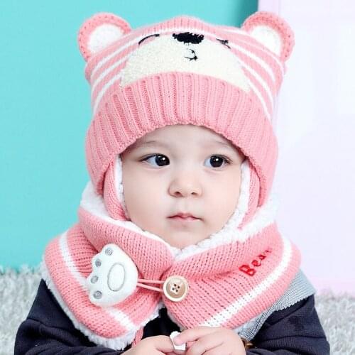 2019 New Fashion Baby Kid Winter Knitted Earmuffs Beanie Cap Scarf Set Children Cartoon Bear Hat Kid Accessories