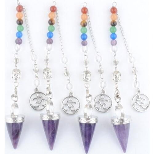 Wholesale 4Pcs Amethysts Stone Cone Pendulums Crystal Buddha 7 Chakras Chain For Dowsing Pendule Radiestesia Pendulo TN4276