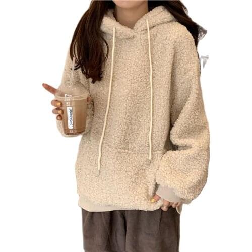 2020 Autumn Winter Women Fleece Hoodie Casual Cute Kawaii Warm Sweatshirt Loose Female Pocket Oversized Hooded Coat for Girls