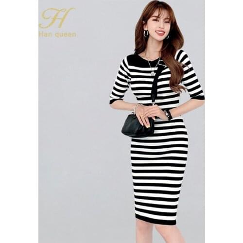 H Han Queen Vintage Striped Autumn Dresses Women Knitted Pencil Dress Elegant Korean Simple O-neck Bodycon Work Office Vestidos