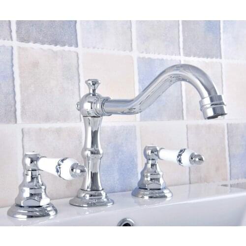 Polished Chrome Brass Deck Mounted Dual Handles Widespread Bathroom 3 Holes Basin Faucet Mixer Water Taps mnf538