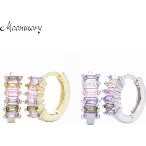 Moonmory 925 Sterling Silver Colorful Stone Hoop Huggies Earring For Women Silver Small Square Rainbow Hoops Earring For Women