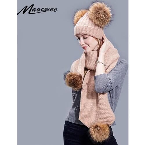 Parent-child Fur Pompon Hat Autumn Winter Two-piece Scarf Set Women Crochet Knitted Wool Beanies Caps With Natural Fur Outdoor