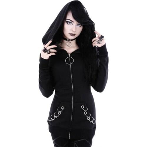 Hot Long Gothic Punk Women Hoodies Iron Ring Black Loose Hood Long Sleeve Casual Sweatshirt Plus Size Tracksuit Hoody 5XL