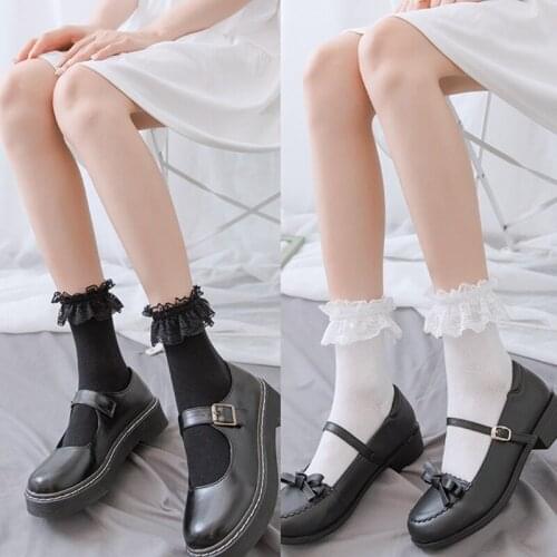 Japanese Lolita Mesh Crew Socks Sweet Ruffled Lace Frilly Hollow Cotton Hosiery