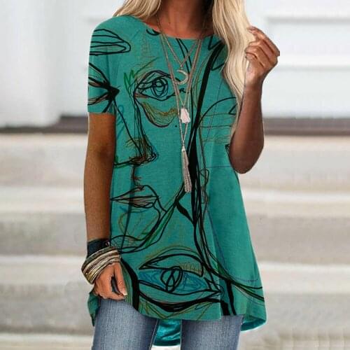 Woman Summer 3D Print Long T Shirt Tops Fashion Casual Short Sleeve O-neck Loose Tshirt For Women 2021 Blue Vintage Top Femme