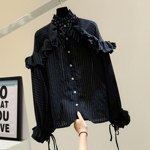 Beads Diamond-Embedded Long-Sleeved Shirt Woman 2021 Spring Korean Style Loose Striped Ruffled Turtleneck Frayed Blusa Blouses