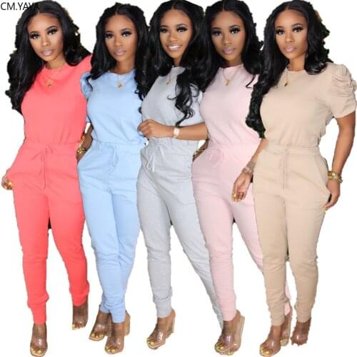 CM.YAYA Sport Solid Women two piece set Tracksuits Puff Short Sleeve Pencil jogger sweatpants Suit Outfits Matching Set