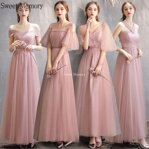Sweet Memory Women Long Pink Bridesmaid Dresses 2021 Lady Summer Half Sleeve Lace Up Tulle Prom Dress Bride Wedding Guest Robe