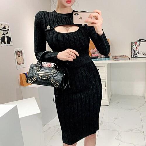 2021 Autumn New Chic Fashion Black Knitted Dress Elegant Women Long-Sleeve Hollow out Bodycon Party pencil Dress