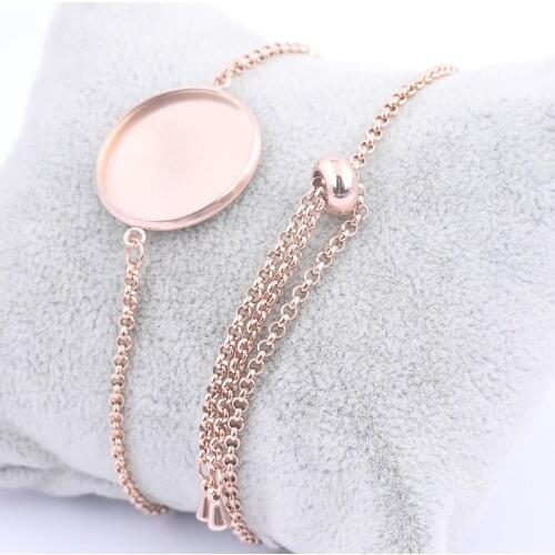 2pcs Stainless Steel sliding Chain Bracelet Bezel Blanks 20mm Dia Cabochon Pendant Necklace Base Setting Trays Rose Gold