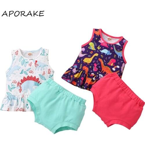 2021 3-18M Cute Baby Girl Clothes Set Cartoon Dinosaur Print Sleeveless Dress Top+Solid Triangle Shorts Summer 2pcs Outfits