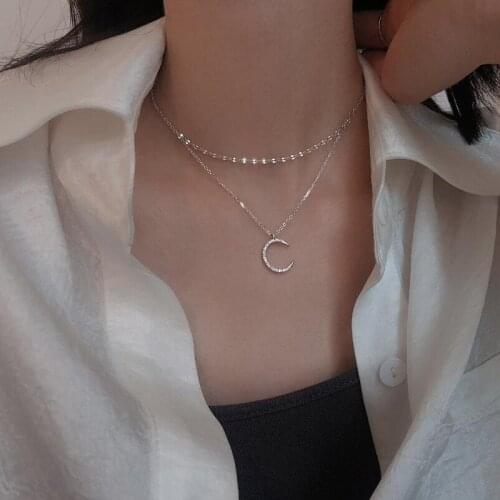 925 Sterling Silver Double Layer Crystal Moon Charm Korean Pendant Choker Necklace Statemen Jewelry For Women dz101
