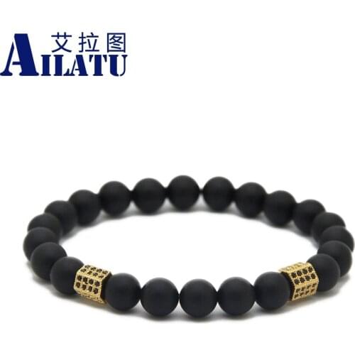 Ailatu 10pcs/lot Sale Jewelry Micro Inlay Black Zircon Rectangle Mens Cz Beads Bracelet with 8mm Matte Onyx Stone