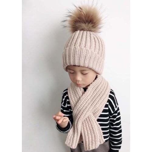 Big Real Fur Pompom Hat Scarf Set Children Winter Thick Knitted Wool Beanie Hats For Kids Ages 3-10