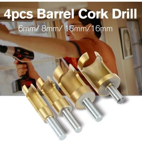 4Pcs 6/8/13/16mm Titanium Coated Shank Barrel Cork Drill Bit Plug Cutter Bored Hole Tenon Drills Hole Saw Arbors Woodwork Tools