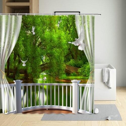 Atural Scenery Shower Curtain Window View Forest Waterfall Ocean Green Plants Landscape Bathroom Waterproof Curtains Home Decor