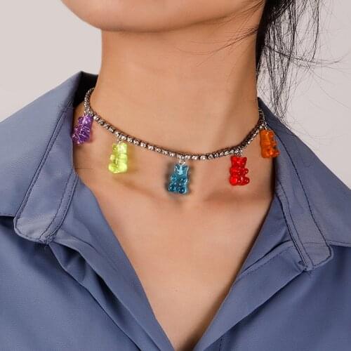 Gummy Bear Diamond Choker Necklaces For Women Girls Trendy Colorful Bear Animal Pendant Necklaces Party Daily Fashion Jewelry