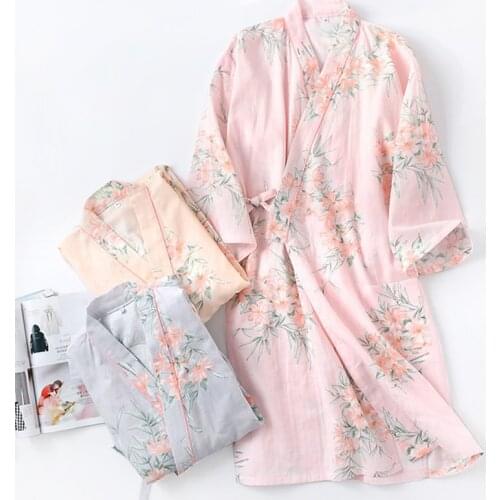 Spring Summer 100% Cotton Kimono Bathrobe Nightgown WomenS Japanese Style Long Nightgown Flower Lingerie Sweat Steam Clothing