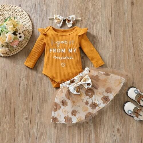 Toddler Baby Girl Clothes Set Newborn Girls Outfit Letter Romper Top + Floral Print Skirt+Headband Spring Autumn Fashion
