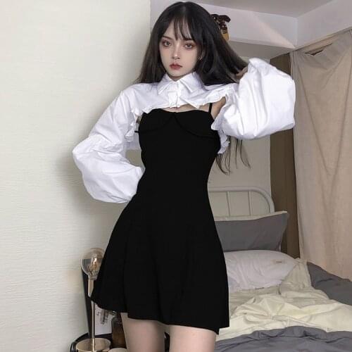 Korea Ulzzang set kawaii womens suit gothic loose ins dark big size casual sweet punk sling dress Vintage women two-piece suit