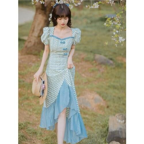 Sweet Cheongsam Skirt French Retro Blue Plaid Skirt Irregular Design Medium Length Dress CheongsamImproved Dress