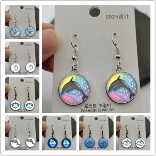Cute cartoon dolphin glass cabochon decorative earrings sea world dolphin art painting glass dome jewelry gift