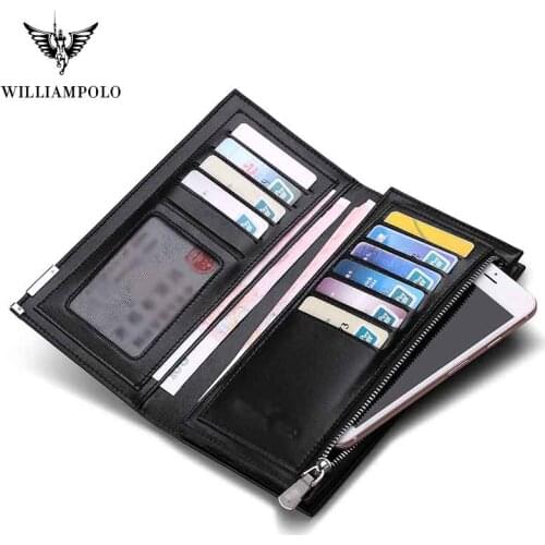 WilliamPOLO Genuine Leather Men Wallet LLong Wallets Men Purse Card Holder Bifold Purse Zipper Phone Coin Pocket