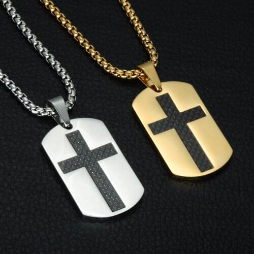 New Carbon Fiber Cross Necklace Dog Tag Pendant Stainless Steel Prayer Necklaces for Men Christian Catholicism Male Jewelry Gift