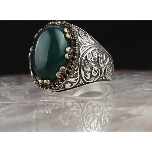 Green Agate Gemstone Pen İşçilikli Silver Men 'S Ring